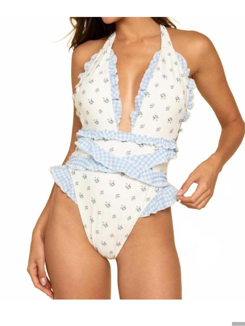 Kids White & Light Blue Ruffle One-Piece Swimsuit